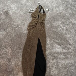 Nookie Metallic Gold Halter Twist Front Evening Gown with Black Insets